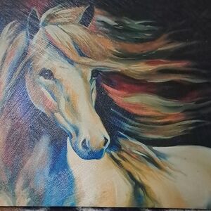 Vibrant Horse Canvas Art with Blue and Cream Tones